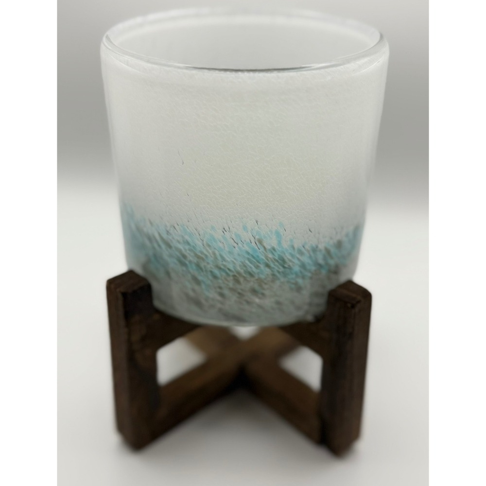 HQT Frosted White Aqua Art Glass Candle Holder Planter Wood Stand Coastal Decor